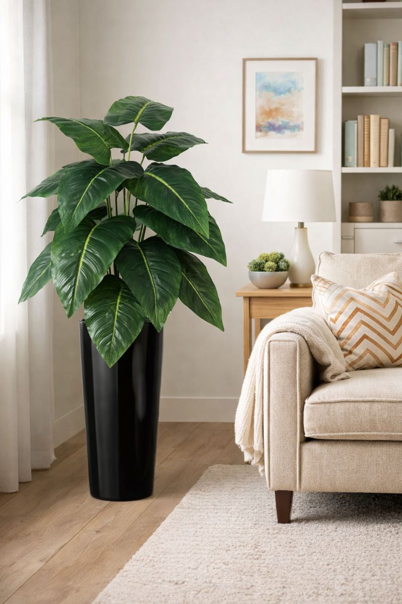 Planta de Alocasia verde de aspecto realista con 18 hojas – 58 cm