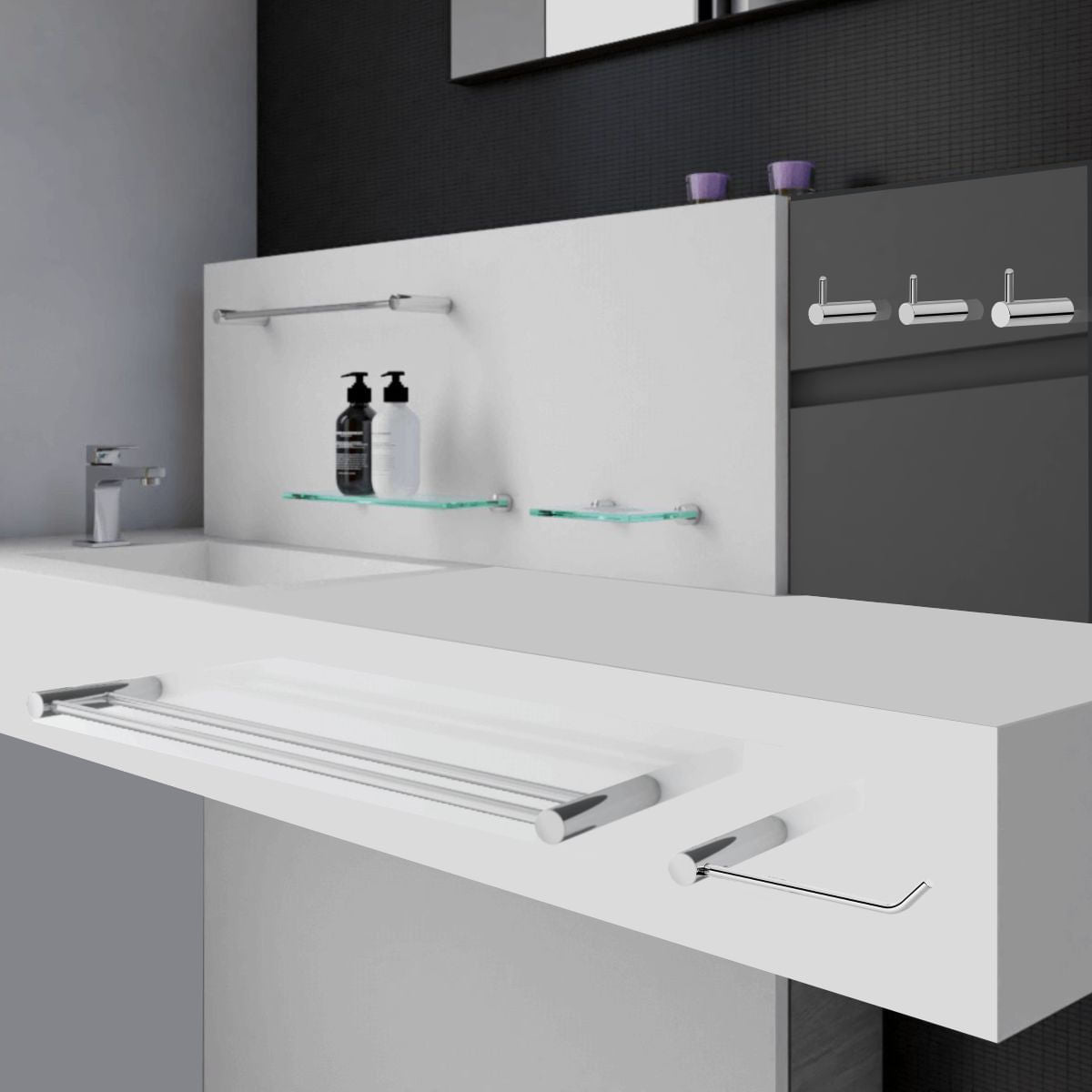 Kit de accesorios de baño de metal Grego – 2 juegos (8 piezas) – Juego de soportes redondos Orion de alto brillo